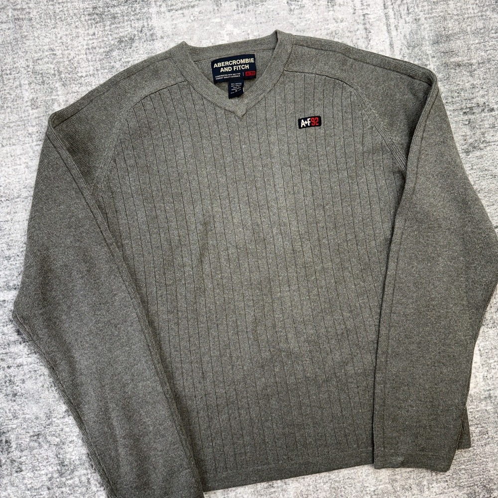 VTG Y2K Abercrombie Fitch‎ Sweater Mens XL Gray Ribbed Knit Cotton V-Neck AF 92